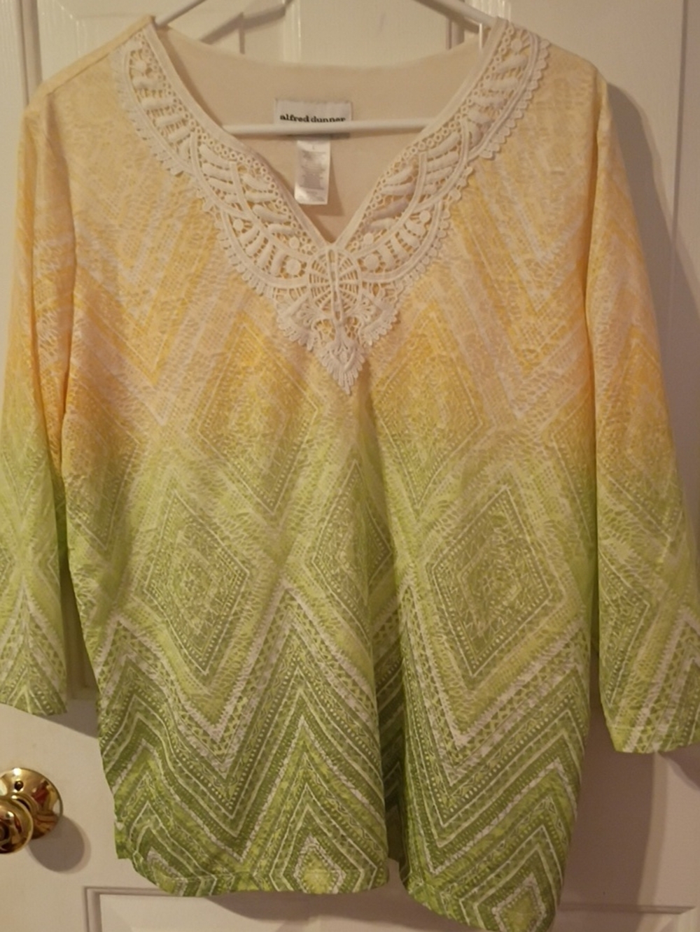 Alfred Dunner Women's Yellow-Green Ombre Lace V-Neck Top